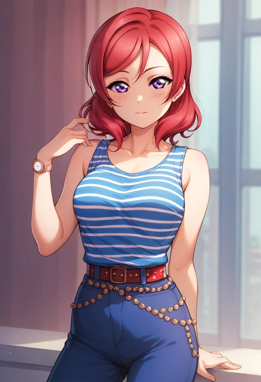 Maki nishikino,love live,highres,red hair ,dolo, purple eyes,blush ,collarbone , blue striped shirt, sleeveless,high waist trousers,thin belt,hand watch, fashion 