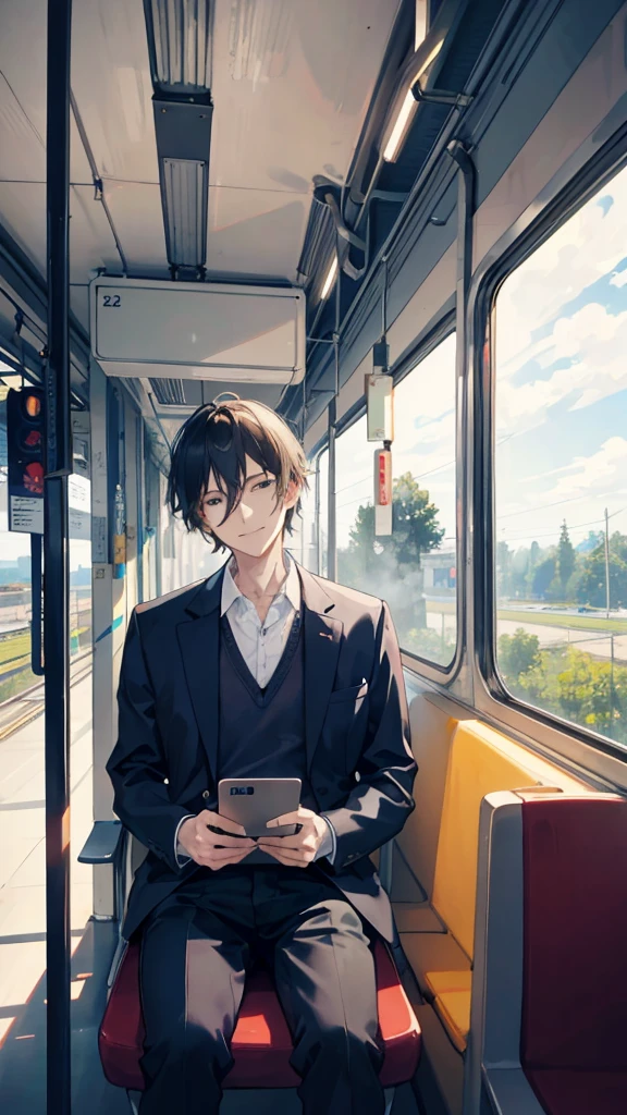 "Generate an image of a 24-year-old man looking out from a train's window, shouting excitedly. The man's expression should convey a sense of wonder and excitement. The scene outside the window should show trees or clouds moving, creating a sense of motion. Inside the train, there should be a smiling older man, who is the father, sitting nearby. Optionally, include a young couple sitting across from them, observing the scene with a mix of curiosity and pity."