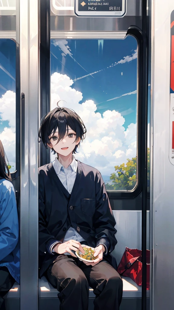 "Generate an image of a 24-year-old man looking out from a train's window, shouting excitedly. The man's expression should convey a sense of wonder and excitement. The scene outside the window should show trees or clouds moving, creating a sense of motion. Inside the train, there should be a smiling older man, who is the father, sitting nearby. Optionally, include a young couple sitting across from them, observing the scene with a mix of curiosity and pity."