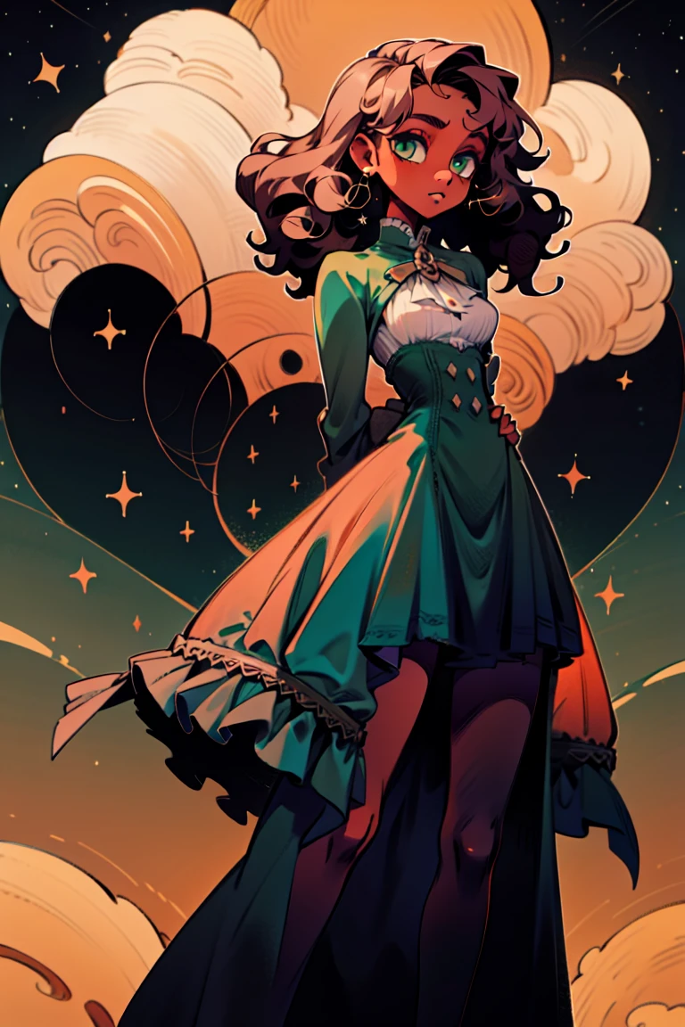 masterpiece, absurdres, 1girl, cowboyshot, tachi-e, woman, best aesthetics, medium breast hips, thick thighs, dark hair, narrow eyes, dark skin, ankle-length dress, arched nose, soft shading, very detailed face, clean lines, dynamic pose, anatomically correct, hyperdetailed, beautiful lighting, dark atmosphere, dark eyeshadow, good makeup, detailed hair, green eyes, sparkling eyes, telescope, magic, fantasy, medieval, high fantasy, black stockings, comfy, cozy, tareme, medium chest, SFW, long dress, arms behind back, outdoors, constellations in sky, stargazing, extremely curly hair, BC shape hair strand, closed wavy hair, kinky hair, an, adult woman, hourglass figure