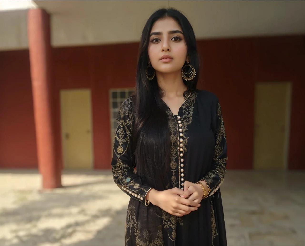 a panoramic 28 years old girl, Pakistani girl, with round face, with golden black color silky hairs, pearl white skin color, weight 5p kilogram, with black and little brown big eyes, beautiful nose, with beautiful mouth, with black eyebrows, with 5.2 feets of height, in casual shalwar kameez dress of pakistan