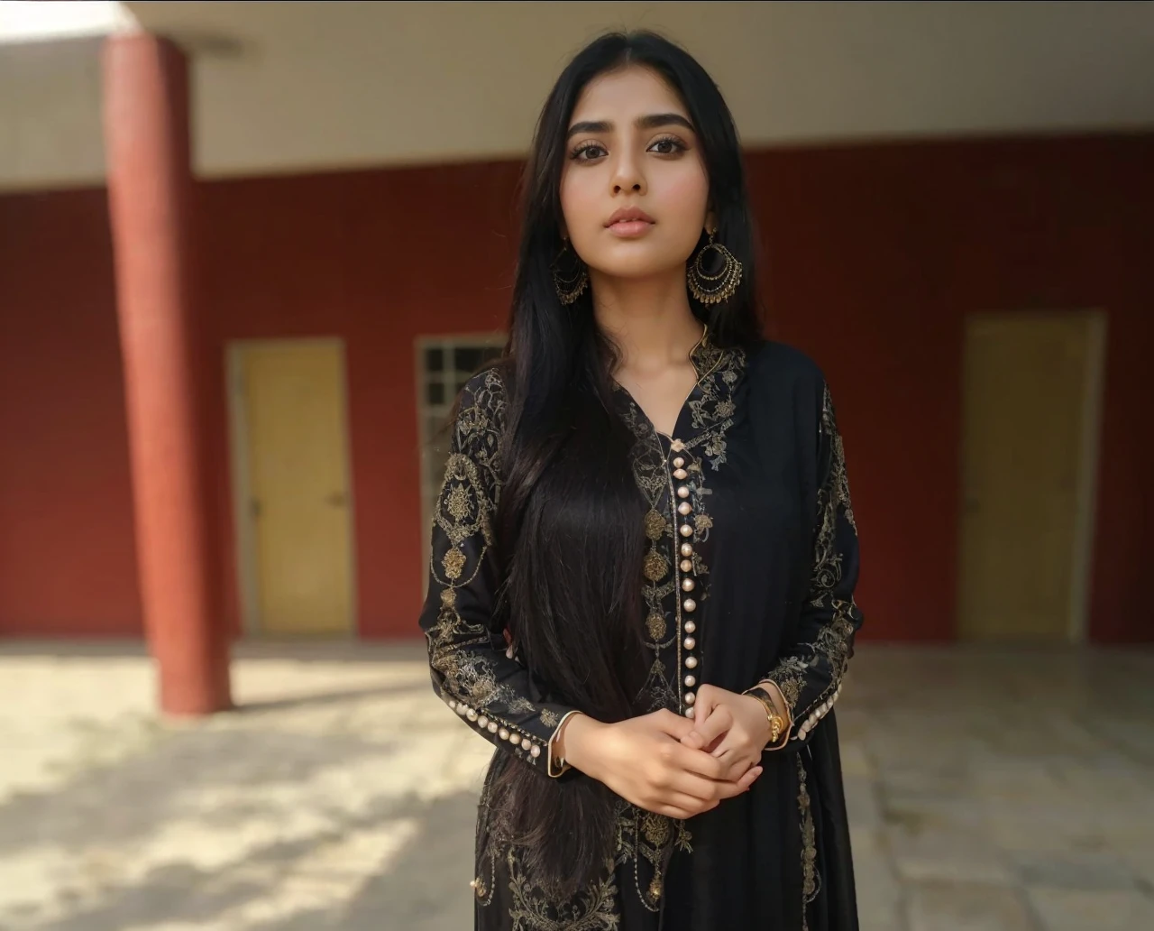 a panoramic 28 years old girl, Pakistani girl, with round face, with golden black color silky hairs, pearl white skin color, weight 5p kilogram, with black and little brown big eyes, beautiful nose, with beautiful mouth, with black eyebrows, with 5.2 feets of height, in casual shalwar kameez dress of pakistan