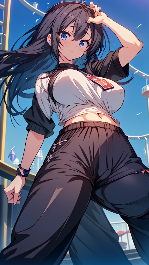 best quality, extremely detailed, anime style adult 1girl, long hair down to the waist, straight hair, ((dark black hair with bluish)),crown braid,beautiful detailed eyes, pinched eyes, dark blue eyes, huge breasts,curvy,(((Active clothing))),((((short trousers)))),Clothes with a lot of cloth area,light smile,((amusement park)),animation cap,animated gif