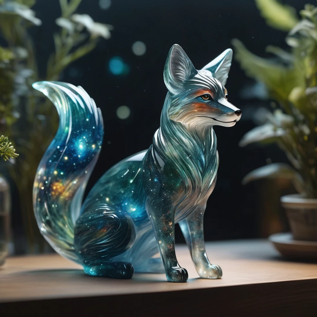 Realistic photo of (intricate transparent glass interstellar nebula fox statue made of galaxies, Plants and animals, Ultra-realistic, Super detailed, elegant, beautiful, 1 tail)), Photos were taken with a Canon EOS R5 and a Canon RF 100-500mmf。/4.5-7.1L IS USM lens, super high quality, Ultra high definition ,Stained glass, Space nebula texture glass, Colored glass pieces, Product Scene, 半transparent, transparent,