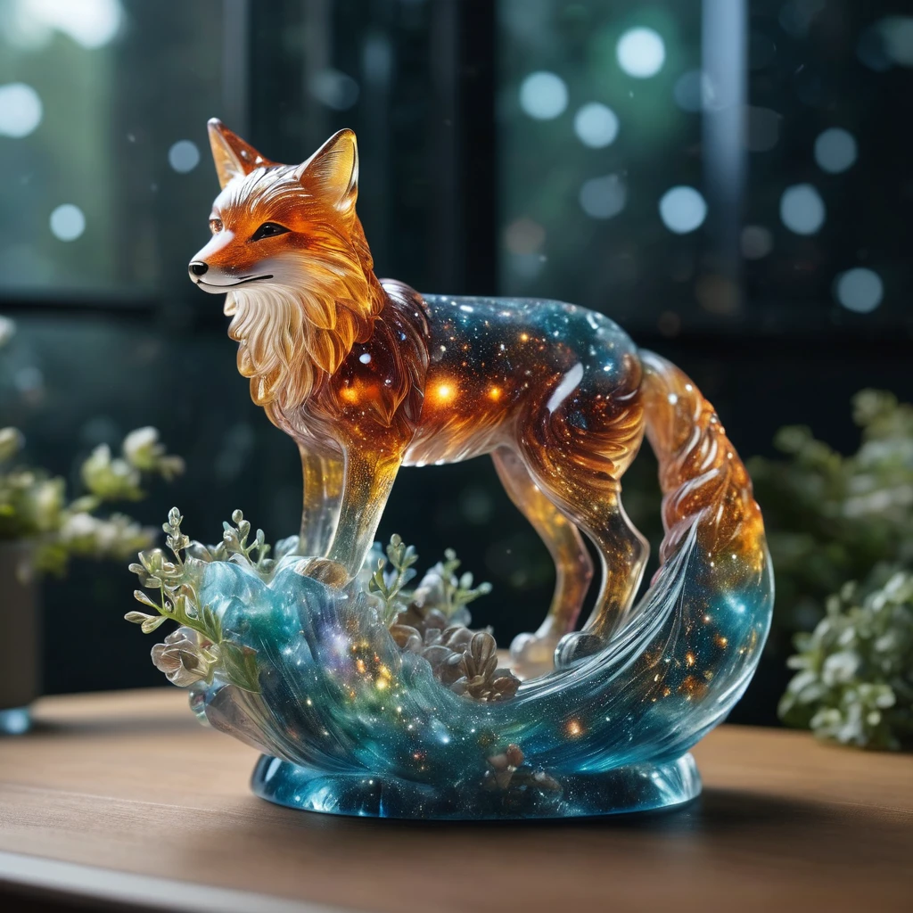 Realistic photo of (intricate transparent glass interstellar nebula fox statue made of galaxies, Plants and animals, Ultra-realistic, Super detailed, elegant, beautiful, 1 tail)), Photos were taken with a Canon EOS R5 and a Canon RF 100-500mmf。/4.5-7.1L IS USM lens, super high quality, Ultra high definition ,Stained glass, Space nebula texture glass, Colored glass pieces, Product Scene, 半transparent, transparent,