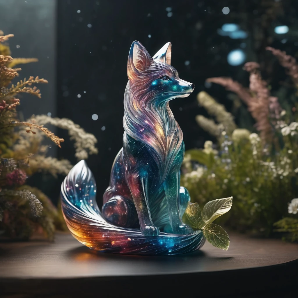 Realistic photo of (intricate transparent glass interstellar nebula fox statue made of galaxies, Plants and animals, Ultra-realistic, Super detailed, elegant, beautiful, 1 tail)), Photos were taken with a Canon EOS R5 and a Canon RF 100-500mmf。/4.5-7.1L IS USM lens, super high quality, Ultra high definition ,Stained glass, Space nebula texture glass, Colored glass pieces, Product Scene, 半transparent, transparent,