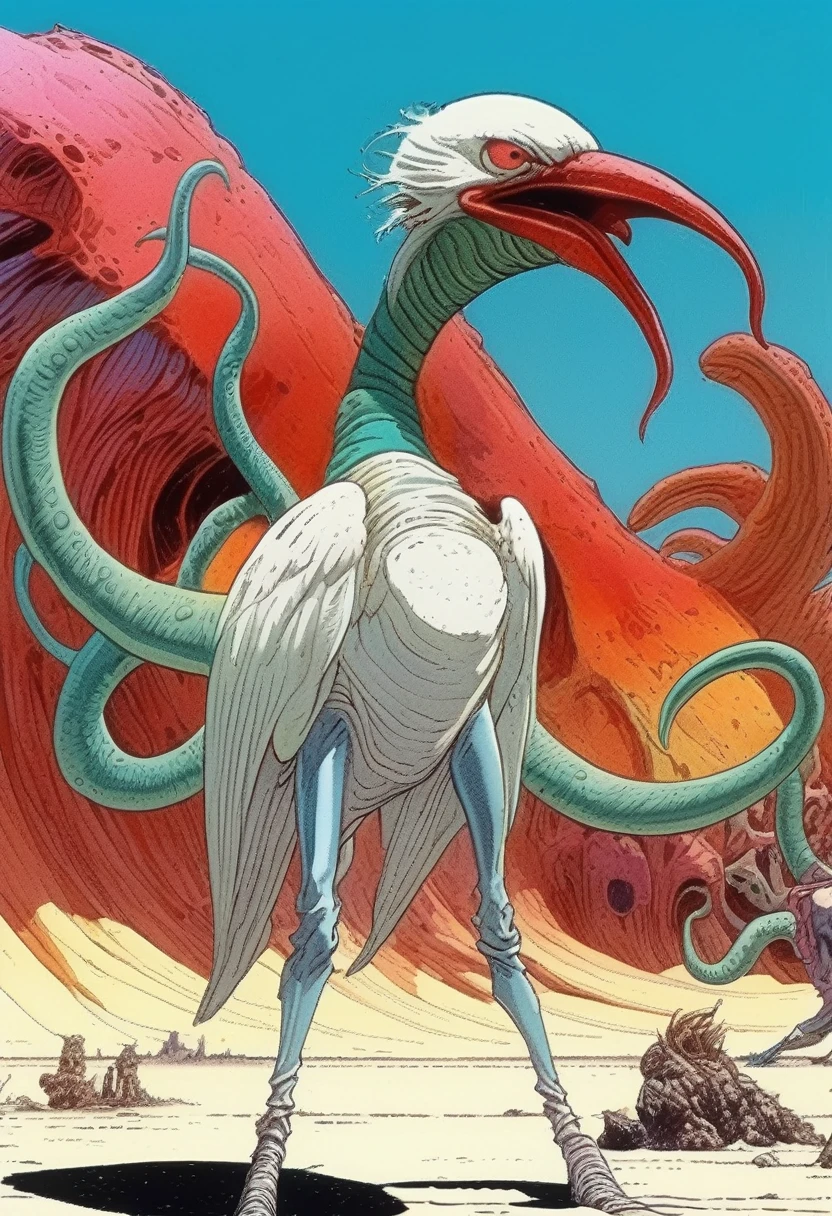 Mobis (Jean Giraud) Style - A picture by Jean Giraud Mobis, The picture shows a strange bird fighting with tentacles, Huge white rib background,western backdrop in Mobis' signature style with sharp detailing and vibrant colors. Shot with Panavision Panaflex Gold II and Ultra Panavision 70 lenses, The image is full of film grain and low-key lighting,It creates a mysterious and tense atmosphere.
