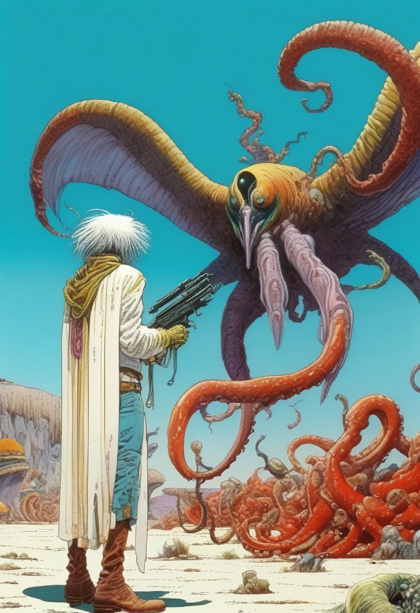 Mobis (Jean Giraud) Style - A picture by Jean Giraud Mobis, The picture shows a strange bird fighting with tentacles, Huge white rib background，western backdrop in Mobis' signature style with sharp detailing and vibrant colors. Shot with Panavision Panaflex Gold II and Ultra Panavision 70 lenses, The image is full of film grain and low-key lighting，It creates a mysterious and tense atmosphere.