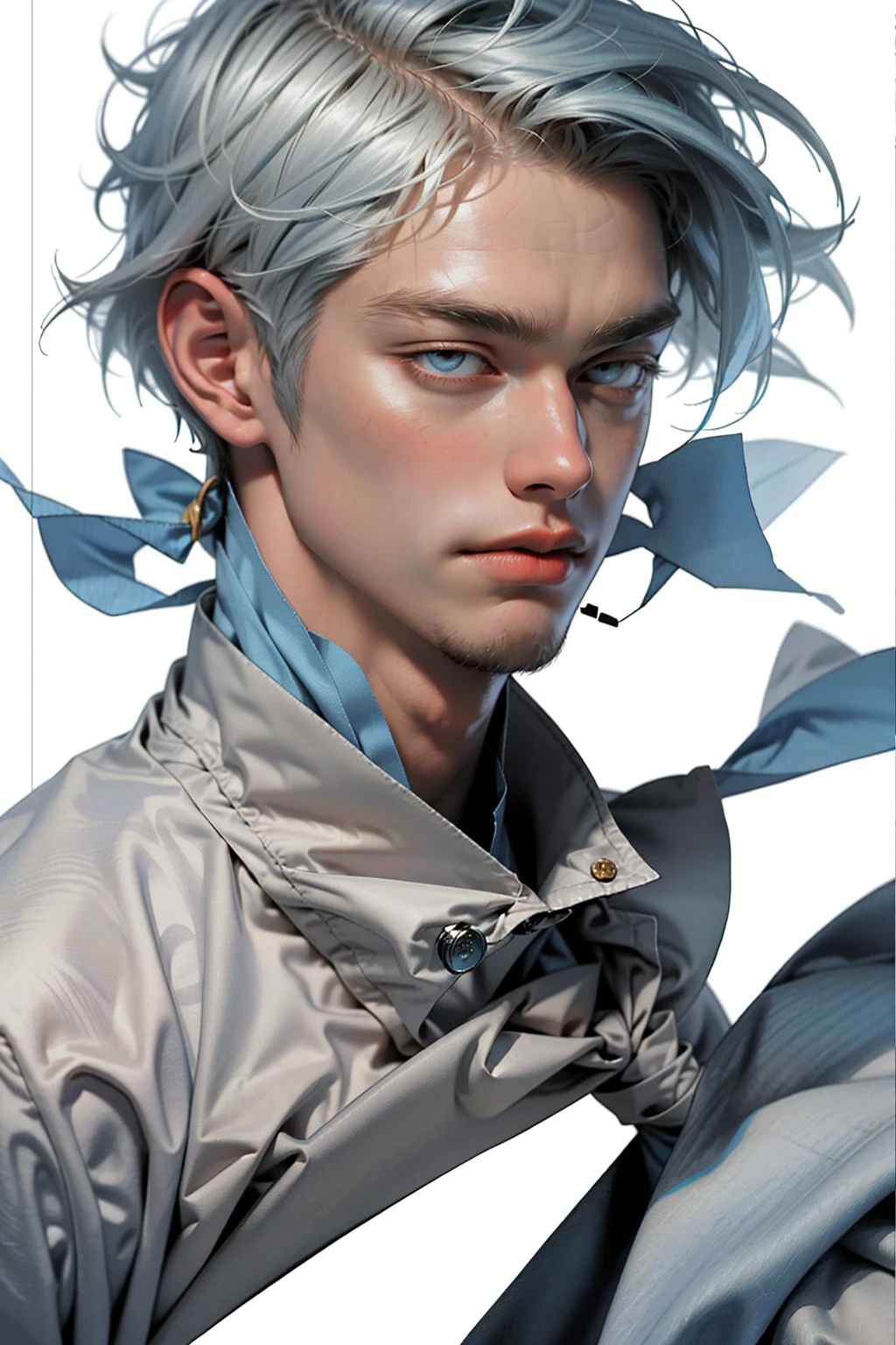 realist，（masterpiece，Alibaba quality，best quality，official art，beauty：1.2），He spoke in great detail，Fractal art，color，More detail，tangled，（Abstract Background：1.5）（1：1.3），Kamiaki，light blue hair，Short hair details，（Clear and bright eyes, Chest muscles，Abistis，(magic)，Handsome nude man,((topless,full body shot))