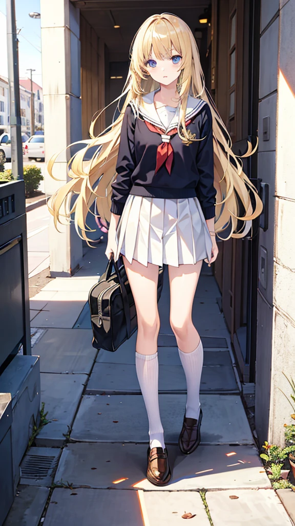 long blonde hair with bangs, school clothes, local preppy: school against the wall