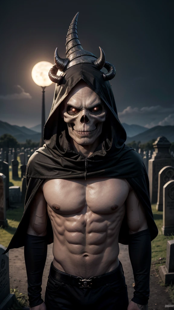 skeletor, skull head, corpo de skeletor, horn on head, No eyes, black cloack, skeletor, apavorante, The background is a cemetery, serious face with a bone cane