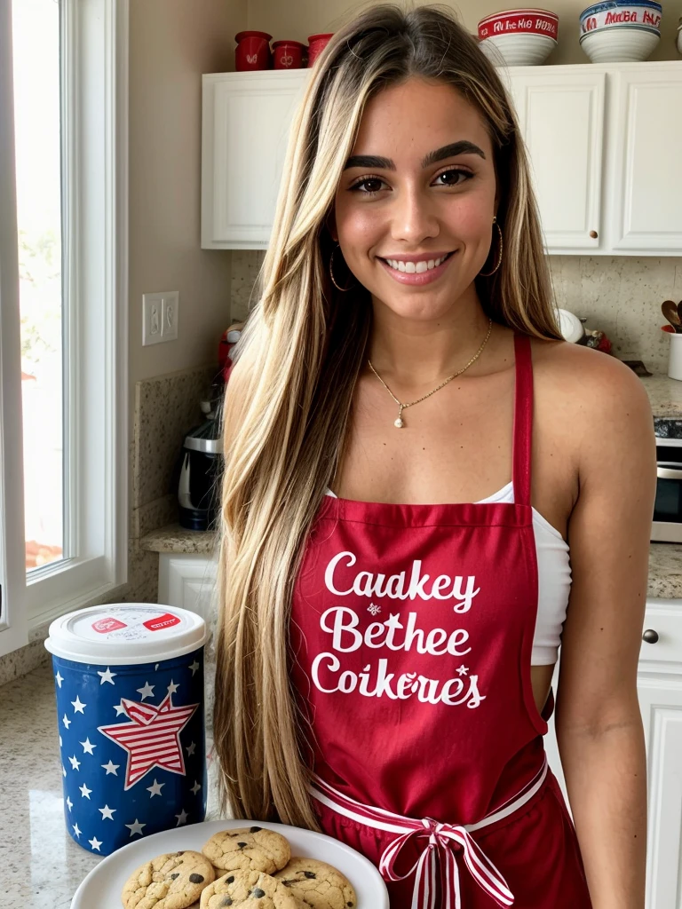 A 23-year-old blonde woman, ((pechos grandes)), ((hiperrealismo)). Blonde hair with light brown roots, cabello rubio, cabello extra largo, cabello muy largo, really long hair styled in a high ponytail. Photo taken with an iPhone, show entire body, whole body in frame, cleavage subtly visible. She is in the kitchen preparing for a 4th of July celebration, wearing a red apron over a white tank top and blue jeans. The kitchen is filled with patriotic decorations, and she is holding a tray of freshly baked cookies decorated with red, white, and blue icing