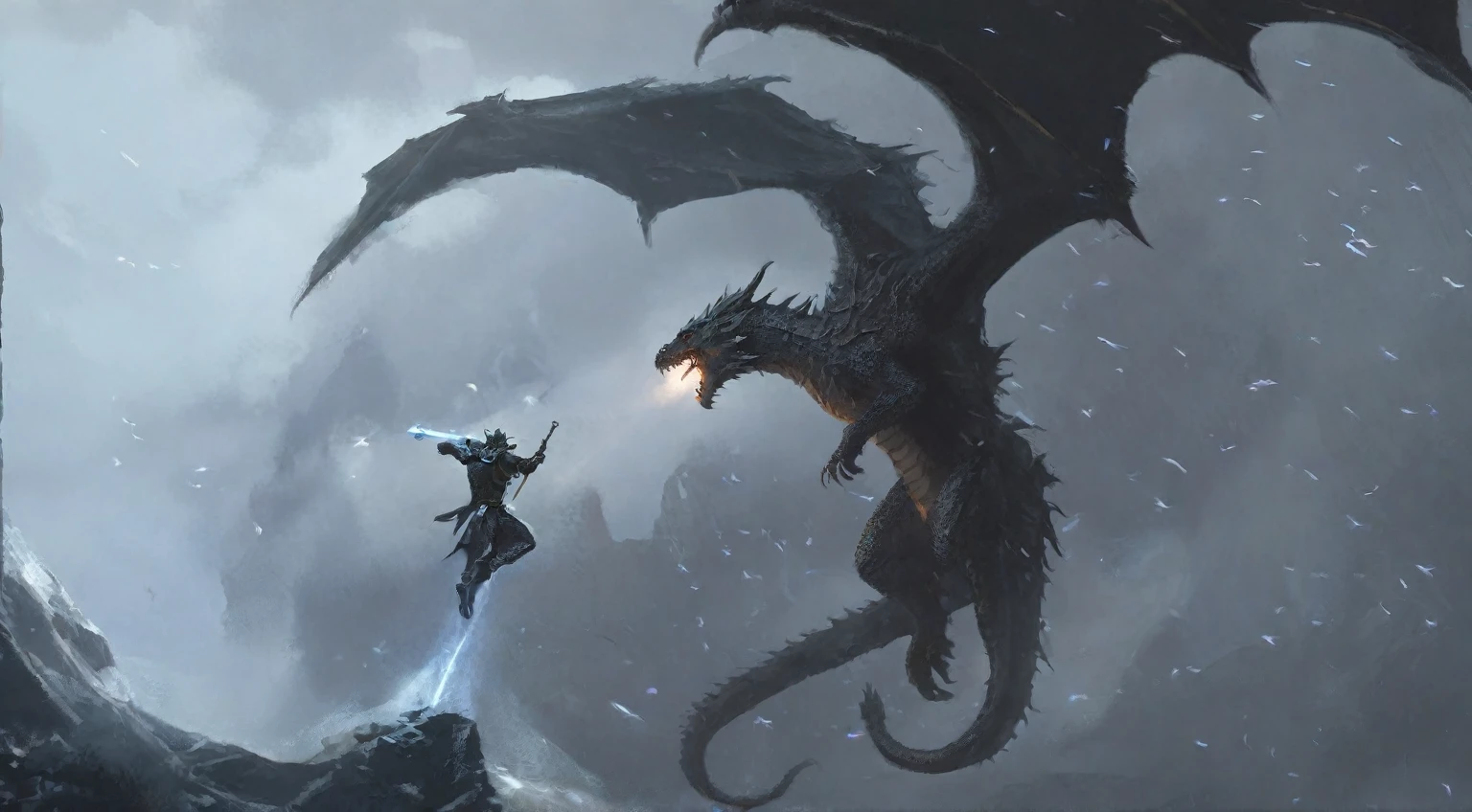 There is a warrior，There is a dragon next to it, Fight dragons, Fight dragons, Skyrim Art, epic elder scrolls art, Dragon in the background, epic fantasy illustration, elder scrolls art, Epic Fantasy Artwork, 4K fantasy art, Dragon flying in the background, Alduin, Epic fantasy digital art style, Ominous fantasy illustration, epic dragon