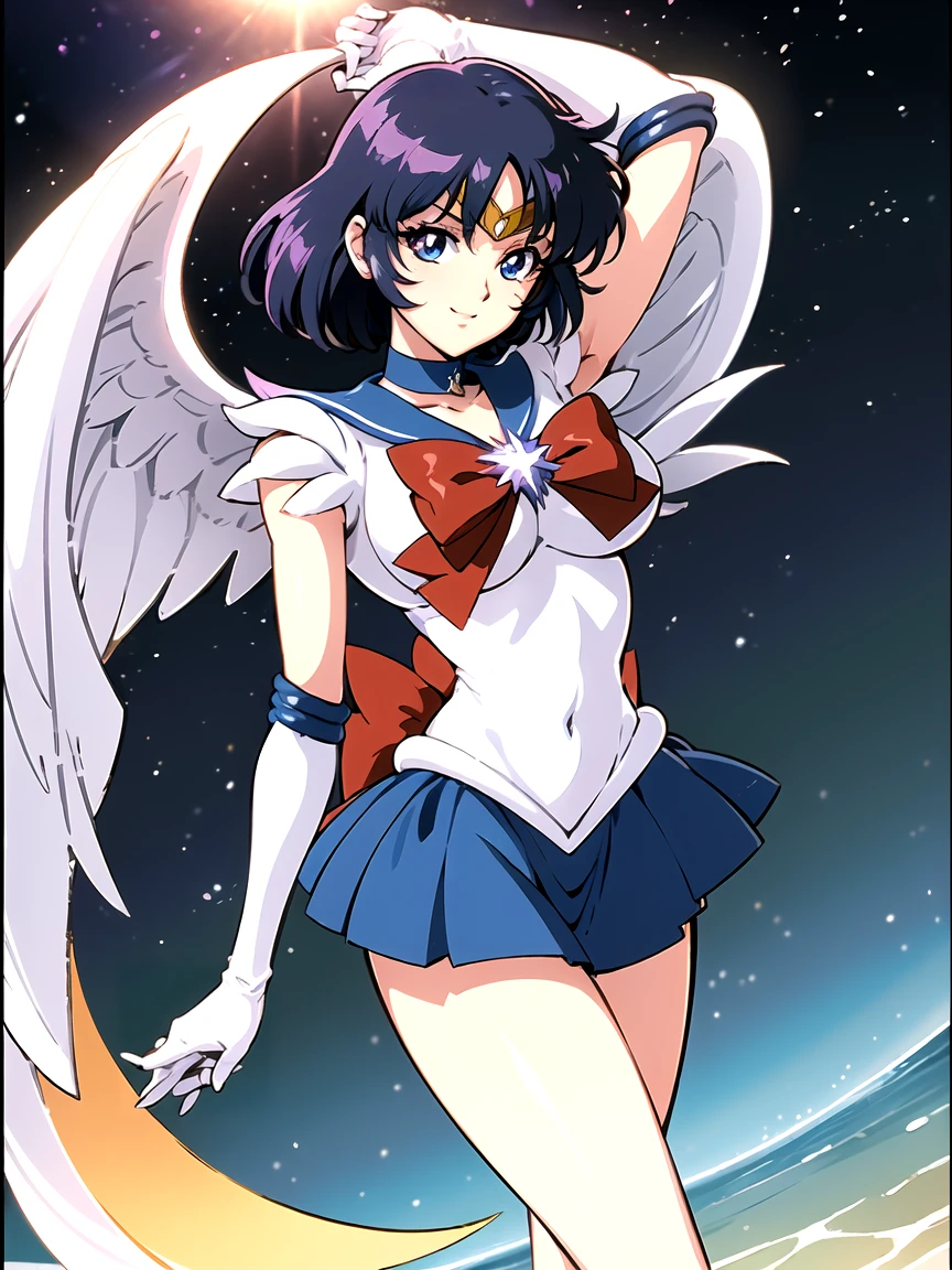 (top-quality:1.3), (​masterpiece:1.4),(Anatomically correct), (Full limbs),(complete fingers),(Precise fingertips), (Fine details),(8K),Photorealista,Sailor Moon!!!!!!!!, Sailor Moon Style,by Sailor Moon, Sailor Senshi Uniform,(Sailor Saturn:1.37),aqua eyes,Black-haired bobbed head,Purple Choker,Purple Boots,Purple skirt,Red ribbons,(Super Detail),(90s Anime,9 0 s anime,9 0 s anime style,anime cels,cel shaded anime),
ful:1.3,stands,。.。.。.。.。.。.3d,realisitic,Ultra Micro Photography,Ultra detailed CG unity 8k wallpapers,frombelow,intricate-detail,(1 female),20yr old,(Mer1, tierra, Sailor Senshi Uniform,white glove,Sailor Senshi Uniform:1.2,meishaonv),Shiny Blue Color Sexy Pleated Mini Skirt:1.3,(very large blue-colored bow in the center of the chest,,,,,,,,,:1.4,Golden tiara on the forehead:1.5,Blue gloves on the elbows:1.1,Bare upper arms:1.1,Luxurious gold decoration:1.3,Long white latex gloves with luxurious gold décor:1.3,very large blue bow behind the waist,,,,,,,,,:1.1,Cleavage looks sexily boldly big,((seducting smile,Very pretty face,Details of face:1.5,Beautiful face,beautidful eyes,shinny eyes,thin lipss:1.3,thin and sharp pale eyebrows,,long dark eyelashes,Double eyelashes)),Luxurious Golden Jewelry,(Very thin and fitting high gloss white holographic leather:1.3),Bold and sexy slender high leg gravette swimsuit,(battle posture), Huge white wings,thin and muscular muscles,Muscular abs,a small face,huge-breasted,perfectly proportions,big breasts thin waist,SEXY Model Pose,Visible Pore,perfect hand:1.5,octane renderings,highly dramatic picture,Strong natural light,sunlights,exquisite lighting and shadow,dynamic ungle,DSLR Harp,Focus:1.0,Maximum clarity and sharpness,(The divinity of water,Splattering on the background of the space,Dynamic water background,prow: 1.2,water,polka dots,Water hair,Dynamic Frames,Mercury,rays of moonlight,a moon,Dynamic backgrounds,Background of details)),(Best Quality), (awardwinning, Textured skin),