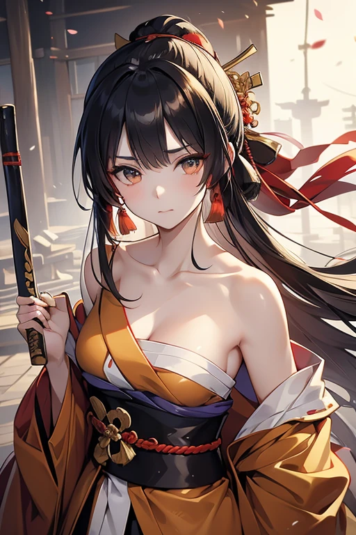 kimono open the chest , roll up bandage on a  chest tightly to cover the chest without gaps under kimomo, Japanen Gangster woman, Killing Qi, wear the kimono, Upper body clothes come off ,wear the kimono multiple times, Bare shoulders, black and gold kimono, put on over jacket of kimono, holding katana like a sword