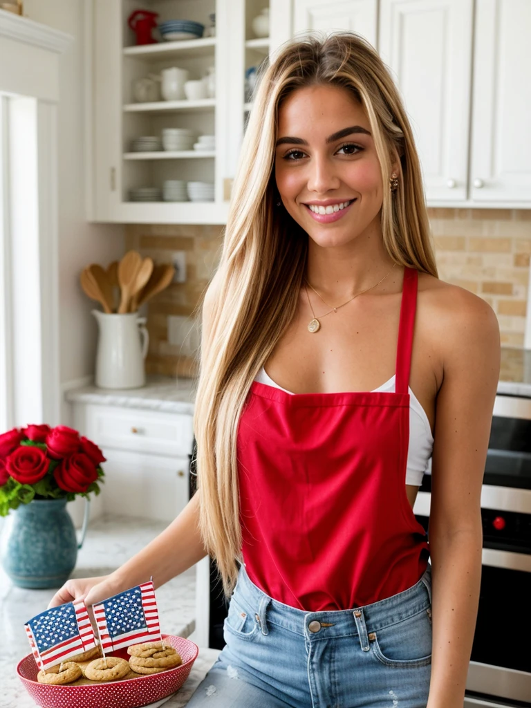 A 23-year-old blonde woman, ((pechos grandes)), ((hiperrealismo)). Blonde hair with light brown roots, cabello rubio, cabello extra largo, cabello muy largo, really long hair styled in a high ponytail. Photo taken with an iPhone, show entire body, whole body in frame, cleavage subtly visible. She is in the kitchen preparing for a 4th of July celebration, wearing a red apron over a white tank top and blue jeans. The kitchen is filled with patriotic decorations, and she is holding a tray of freshly baked cookies decorated with red, white, and blue icing, perfect hands