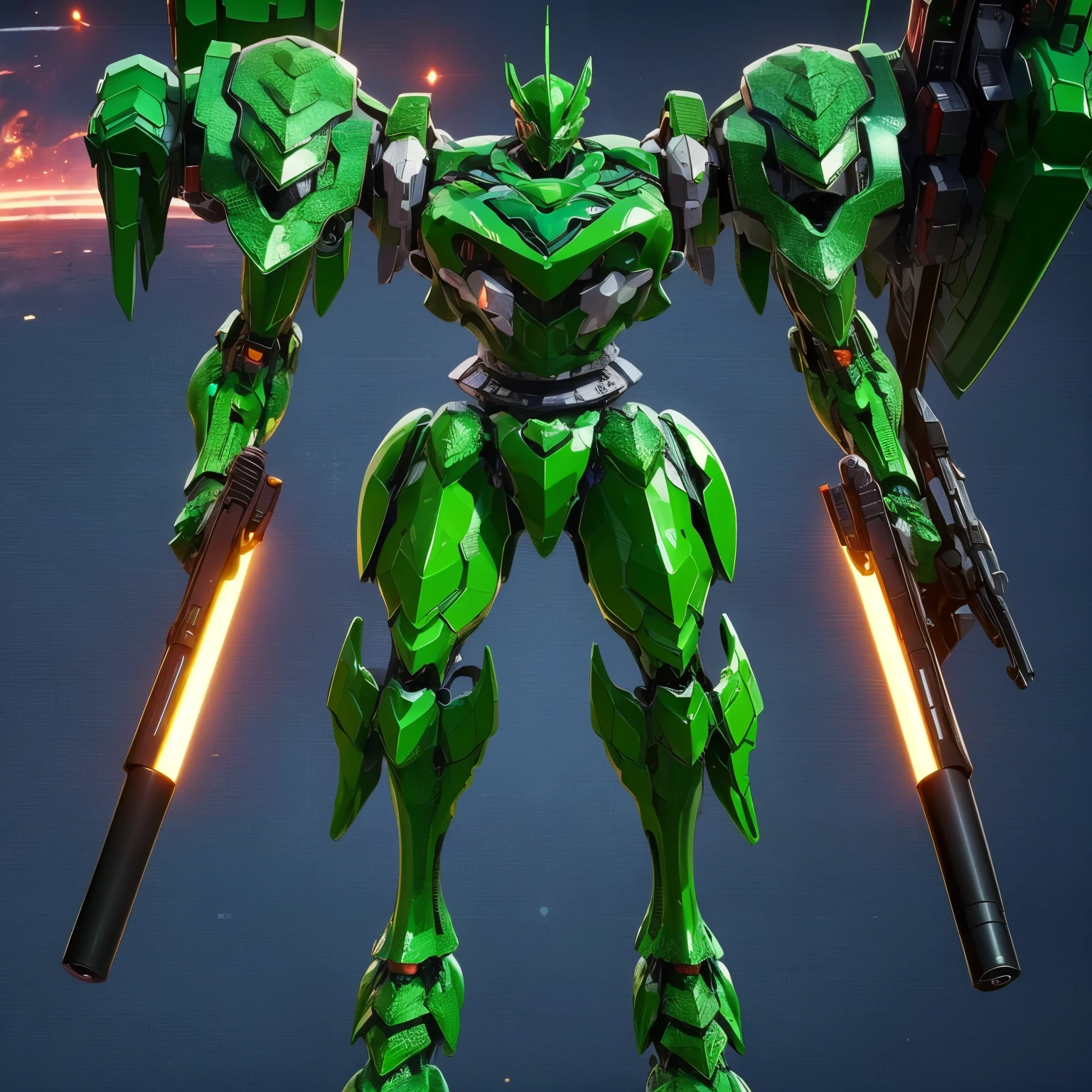 (artwork, better quality:1.7)Slender mech holding a medium-sized shotgun. The twig-looking thrusters. (Rounded and smooth body 1:5, green scaly armor: 2). Carried two spare weapons, a closed-barreled shotgun and a heavy-caliber pistol. extremely detaild, 8k, HDR, naturallight, cinematic lighting, masterpiece-anatomy-perfect, ultra hd, (Space Combat:1.3, battlefield:1.3), raw photo, metallic, professional, ultra-fine painting, perfect body proportions, anatomically correct, UHD, real texture material, Anti-aliasing, FKA, THAI, SSAO, Post processing, Post Production, Tone Mapping, cgi, VFX, SFX, Hyper maximalist, volumetric, ultra photorealultra-detailed intricate details, (full body:1.3)