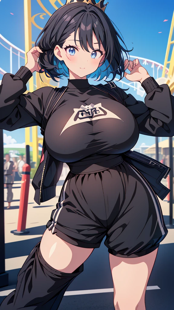 best quality, extremely detailed, anime style adult 1girl, long hair down to the waist, straight hair, ((dark black hair with bluish)),crown braid,beautiful detailed eyes, pinched eyes, dark blue eyes, huge breasts,curvy,(((Active clothing))),((((short trousers)))),Clothes with a lot of cloth area,light smile,((amusement park)),animation cap,animated gif