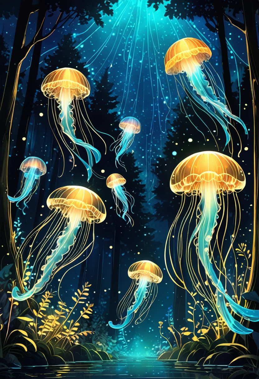 Jellyfish Flying in the Forest. At Dark Night. Bioluminescent. Gildings. Sparkling Eyes. Gold particles. Chaotic lines. Fantasy Madness. Nature Overload. Chaotic Outlines. Other world magic, (Bioluminescence:1.2)