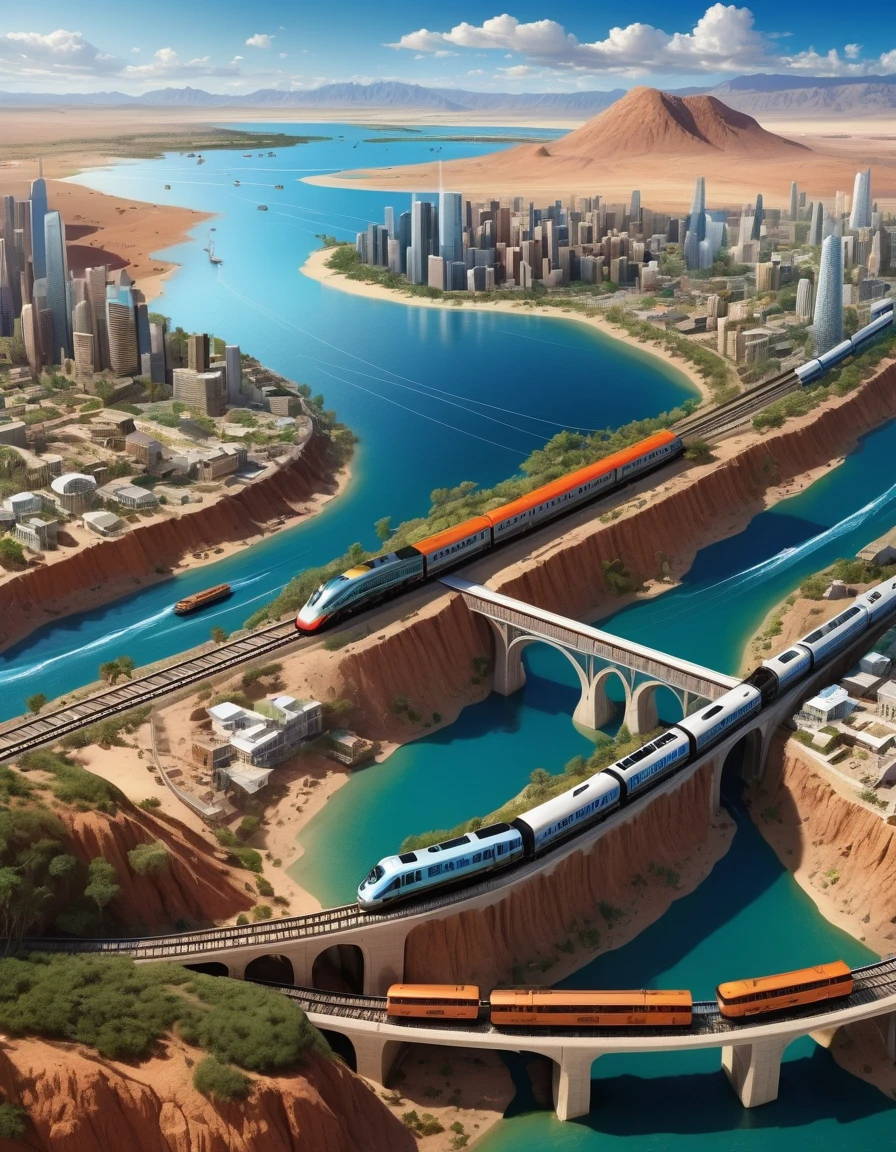 In a very modern realistic style, a schematic aerial view image of a train crossing a city, a desert, a valley., a jungle, a jungle , on a lake, the final destination being a lighthouse in the sea