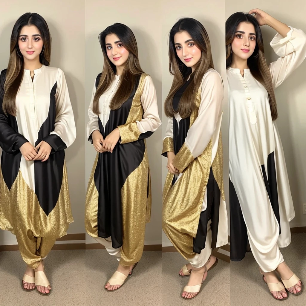 a panoramic 28 years old girl, Pakistani girl, with round face, with golden black color silky hairs, pearl white skin color, weight 5p kilogram, with black and little brown big eyes, beautiful nose, with beautiful mouth, with black eyebrows, with 5.2 feets of height, in casual shalwar kameez dress of pakistan