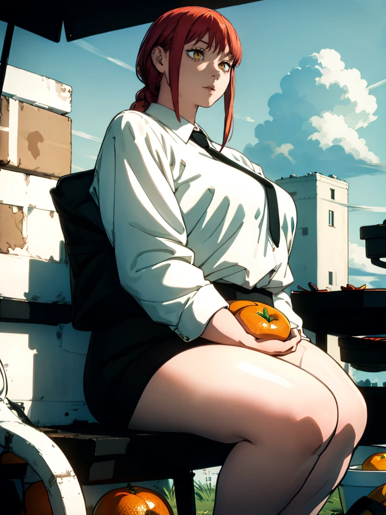 Le personnage Makima de la série animée Chainsaw Man, fragile, obésité morbide, ssbbw, pleine longueur (corps entier 1.1.), fond sombre, obscurité, anatomie correcte 1.1, anatomie correcte de la main, Très féminin, corps gras et rond, grosses Jambes, fesses, beau corps obèse, ventre rond et mou très gras visible, cheveux roux, Yeux oranges, Cercles rouges pour les écoliers, chemise blanche, jupe noire, cravate noire, pose sexy, réaliste, very détaillé, beau corps, détaillé body, détaillé hands, détaillé, vibrant, détaillé Face, Conception des personnages de Makima. very détaillé, détaillé body, détaillé hands, détaillé Face, Art animé, Hugh Détails, Visage très abattu, détaillé eyes, Illustration ultra fine, Meilleure ombre, détail fin, beautiful détaillé glow, beautiful détaillé, Extraordinairement beau, extremely détaillé, inexpressif, composition épique, Style animé. art animé, Style animé. Jupe noire, chemise blanche, cravatte, pose sexy