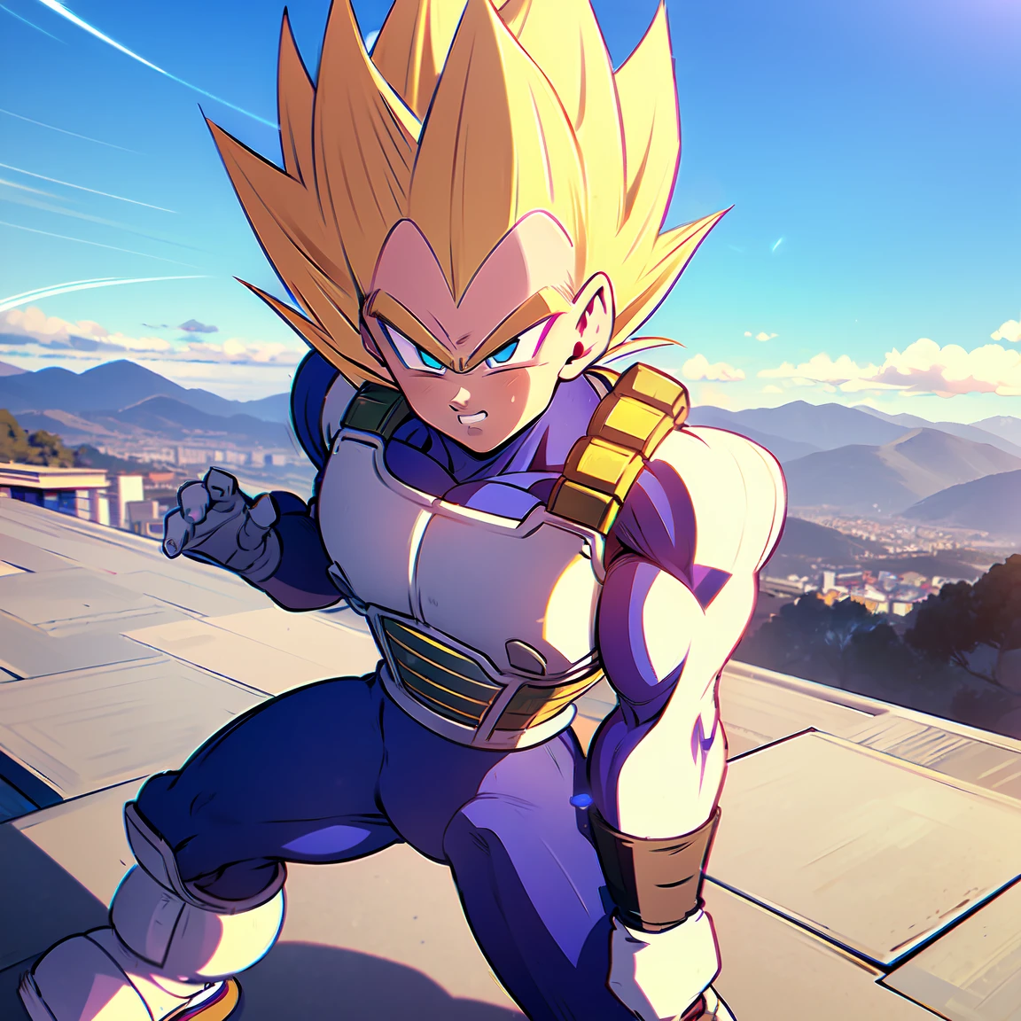 1boy, vegetass2, bodysuit, blue bodysuit, looking at viewer, blonde hair, gloves, green eyes, male focus, white gloves, armor, muscular, spiked hair, saiyan armor, from Dragon Ball Z, straddle stance, huge muscles, yellow aura, electricity, Dragon Ball Z artstyle, in the style of Akira Toriyama, white tiled floor, outdoors, flat-top mountains, Extreme Wide shot, Low Angle Shot, masterpiece, best quality, very aesthetic, absurdres,