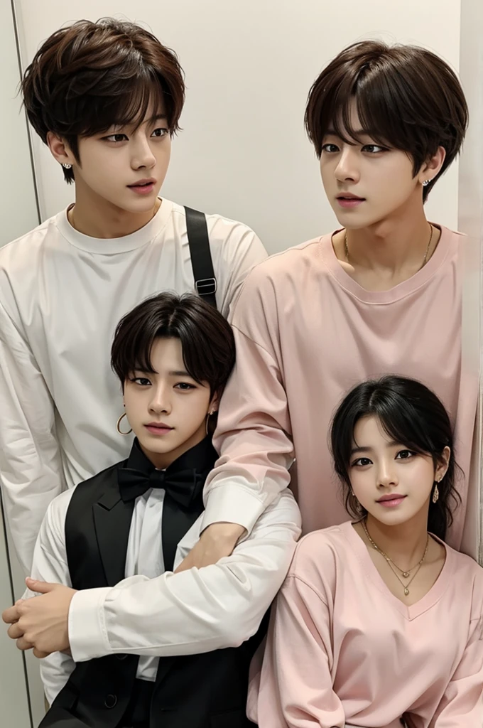 J-Hope with red hair and innocent appearance and Jungkook with black hair and black dress 