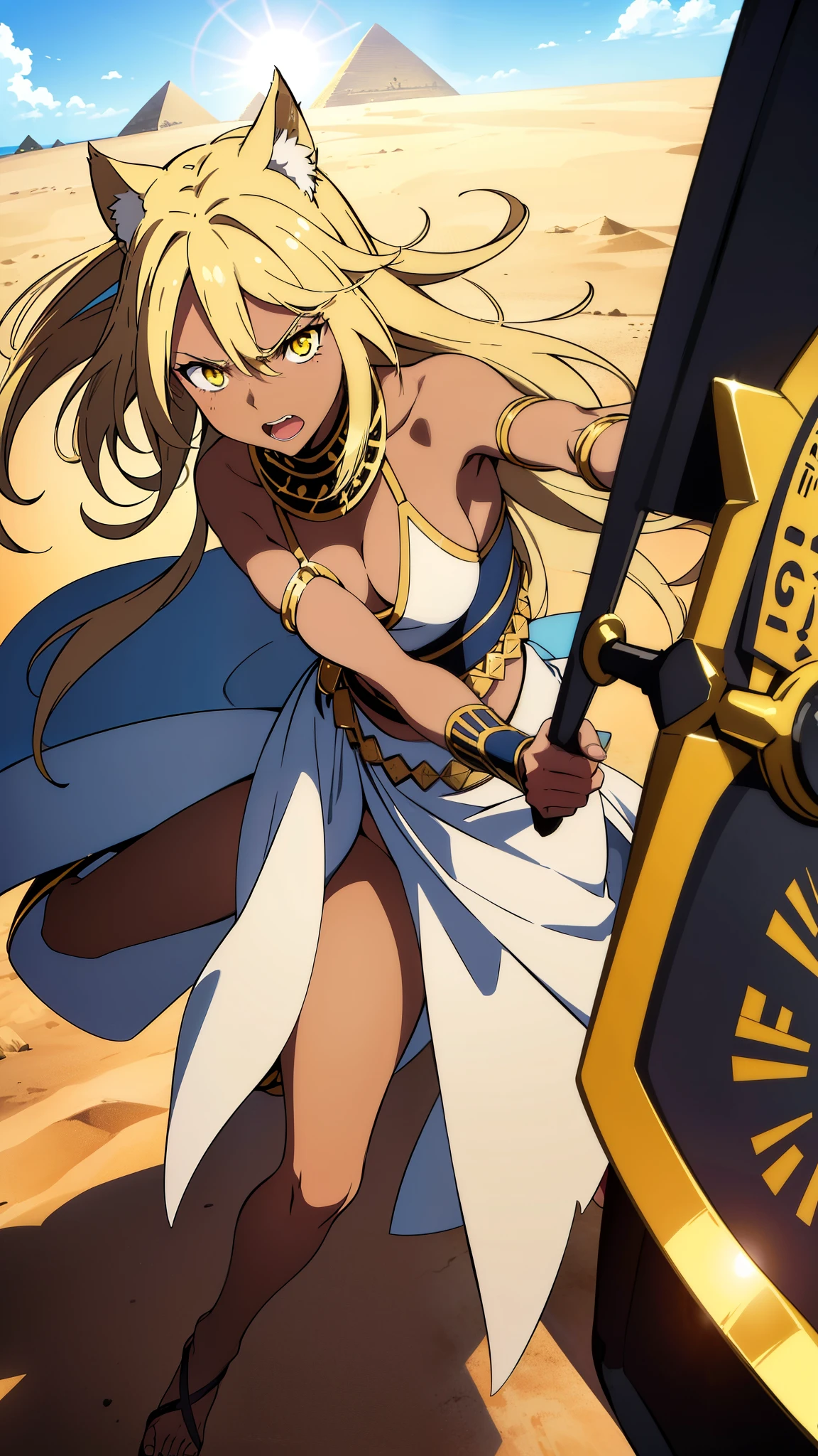(1girl ,solo,20s,mature female),blonde hair,long hair,cat ears,yellow eyes,(((dark skin))),(Egypt, blue sky, sun),white egypt oufit,bare shoulders,looking at view,angry,open mouth, battle, battle pose, holding a shield