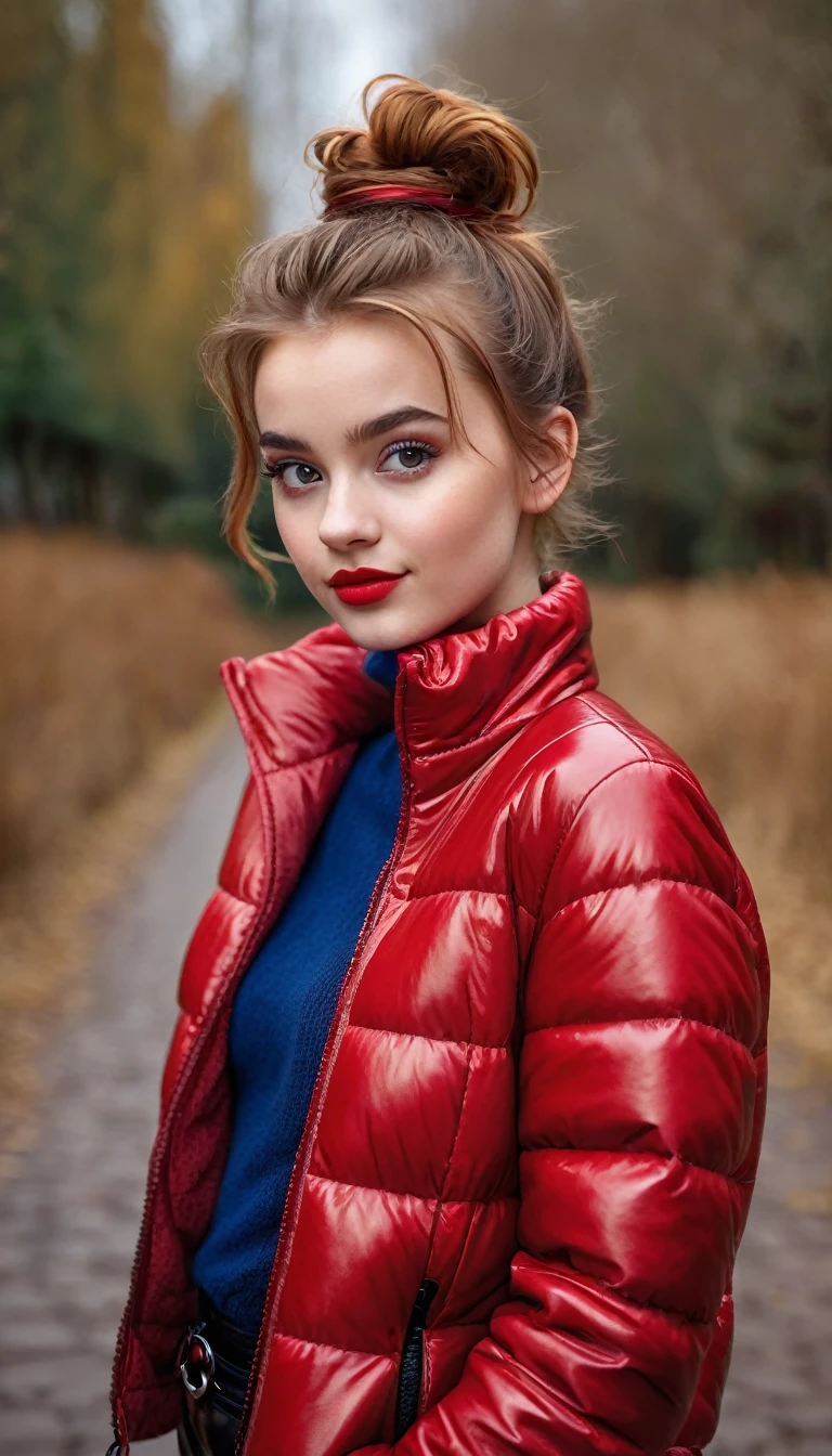 ultrarealistic high quality fullbody photo of a beautiful slim european  girl with cute hyperdetailed shy face and natural redhead short messy bun and mischievous face, realistic round hazel eyes, red lips, dark eye makeup with eyeliner, wearing shiny red puffer jacket and faux leather leggins, hourglass body, outdoor shooting