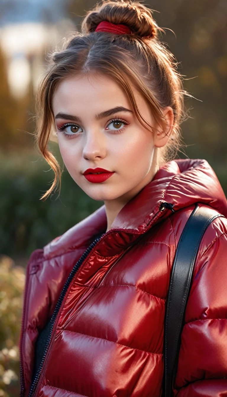 ultrarealistic high quality fullbody photo of a beautiful slim european girl with cute hyperdetailed shy face and natural redhead short messy bun and mischievous face, realistic round hazel eyes, red lips, dark eye makeup with eyeliner, wearing shiny red puffer jacket and faux leather leggins, hourglass body, outdoor shooting