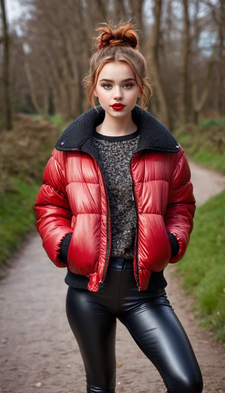 ultrarealistic high quality fullbody photo of a beautiful slim european teen girl with cute hyperdetailed shy face and natural redhead short messy bun and mischievous face, realistic round hazel eyes, red lips, dark eye makeup with eyeliner, wearing shiny red puffer jacket and faux leather leggins, hourglass body, outdoor shooting