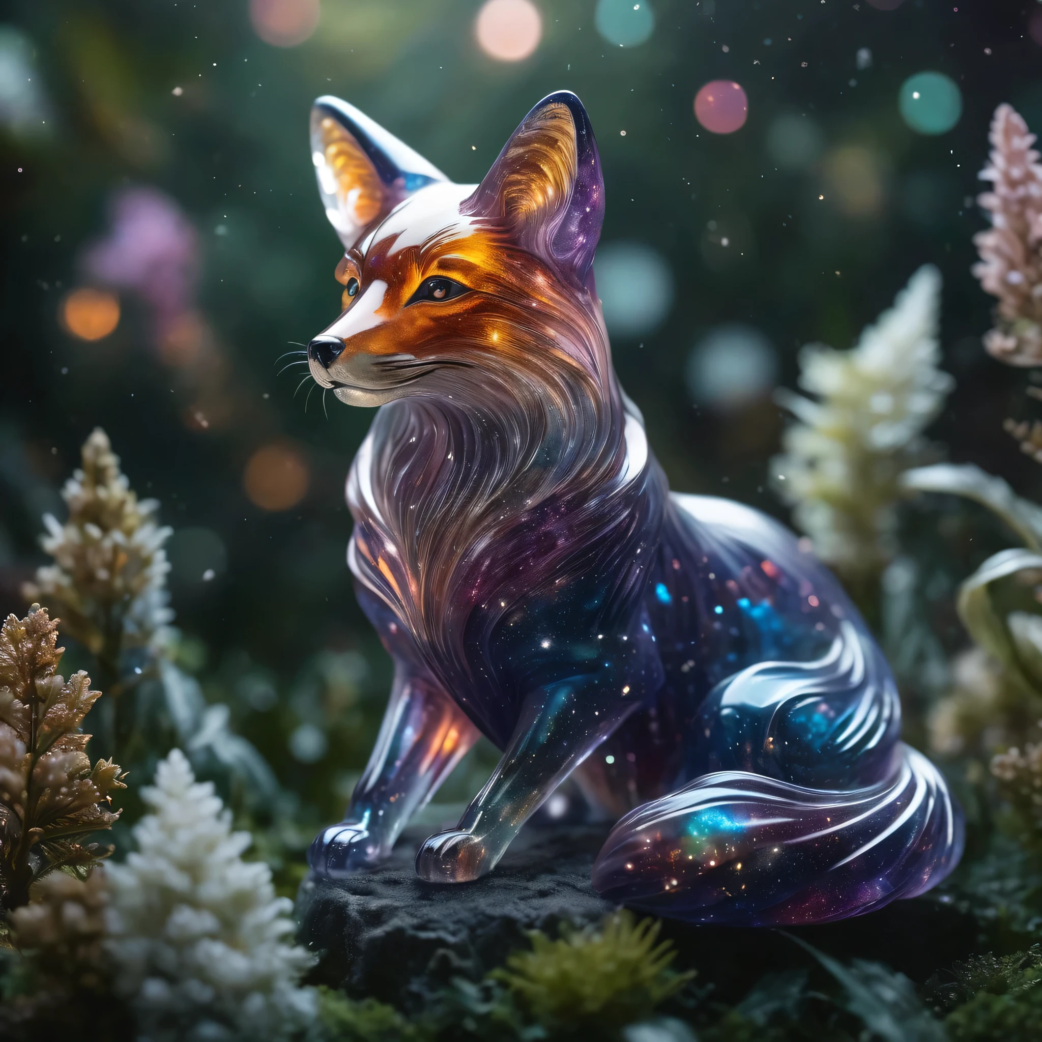 Realistic photo of (intricate transparent glass interstellar nebula fox statue made of galaxies, Plants and animals, Ultra-realistic, Super detailed, elegant, beautiful, 1 tail)), Photos were taken with a Canon EOS R5 and a Canon RF 100-500mmf。/4.5-7.1L IS USM lens, super high quality, Ultra high definition ,Stained glass, Space nebula texture glass, Colored glass pieces, Product Scene, 半transparent, transparent,