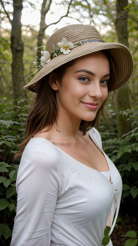 Belle blonde de 21 ans, portant un pull rose, se promenant dans une forêt luxuriante. Un chapeau de paille élégant repose sur ses cheveux ondulés naturels, ajoutant une touche de charme à son allure. Son visage innocent, encadré par ses mèches dorées, est illuminé par un sourire charmant. Ses yeux bleus, d'une netteté saisissante, reflètent la lumière douce qui filtre à travers les arbres. La haute résolution de l'image met en valeur la texture réaliste de sa peau et les détails complexes de son expression. Le cadre, capturé avec un Canon et un objectif de 85mm à faible profondeur de champ, crée un effet de bokeh magnifique, mettant en avant la netteté des traits de la jeune femme. La couleur Kodak Vision ajoute une richesse vibrante à la scène, rendant chaque détail de cette balade en forêt incroyablement réaliste et photoréaliste.