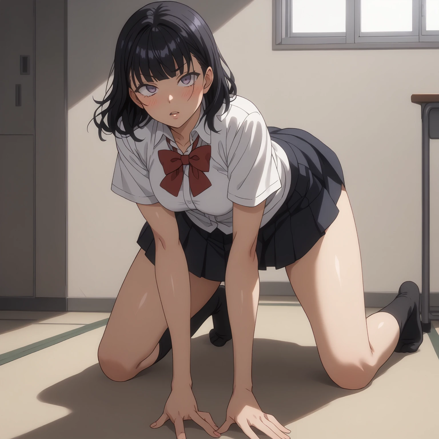 blush,parted lips,
solo,
MisaoTakamine,1girl,black hair,middle hair,purple eyes,
school_uniform,white shirt,red bowtie,short_sleeves,
pleated_skirt,black skirt,
black socks,
full body,all fours,