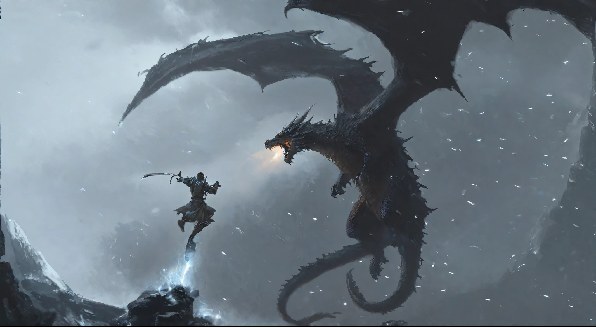 There is a warrior，There is a dragon next to it, Fight dragons, Fight dragons, Skyrim Art, epic elder scrolls art, Dragon in the background, epic fantasy illustration, elder scrolls art, Epic Fantasy Artwork, 4K fantasy art, Dragon flying in the background, Alduin, Epic fantasy digital art style, Ominous fantasy illustration, epic dragon