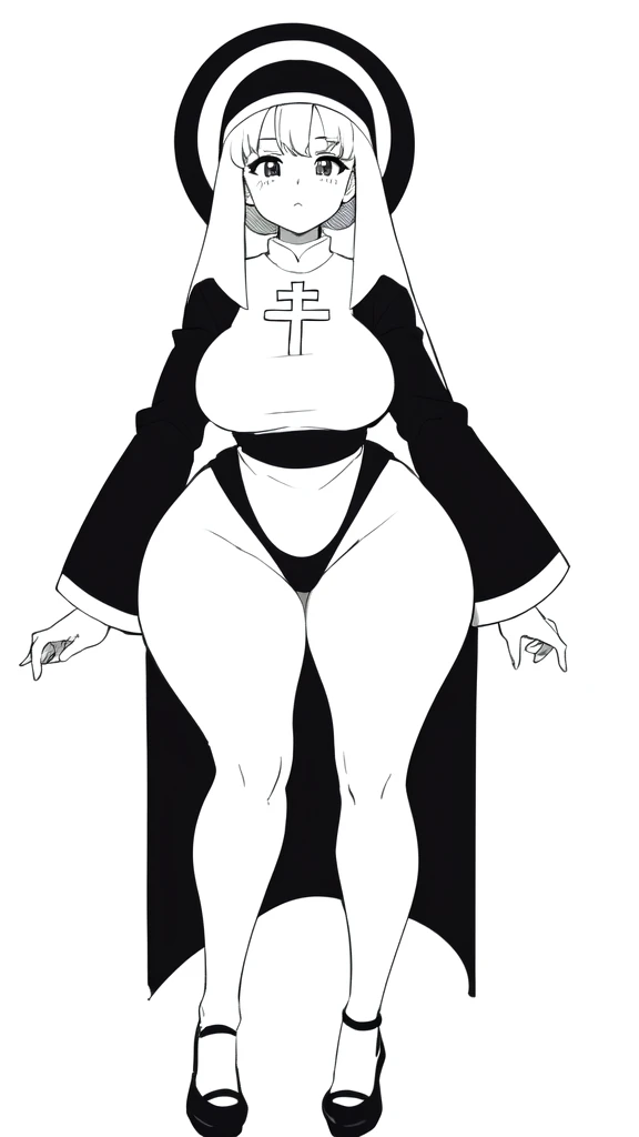 lineart, monochrome, a drawing of a nun with sexy pose, clean anime outlines, perfect lineart, clean lineart, extremely fine ink lineart, nun outfit, simple lineart, beautiful line art, anime style drawing, thick black lineart, black and white manga style, pin on anime