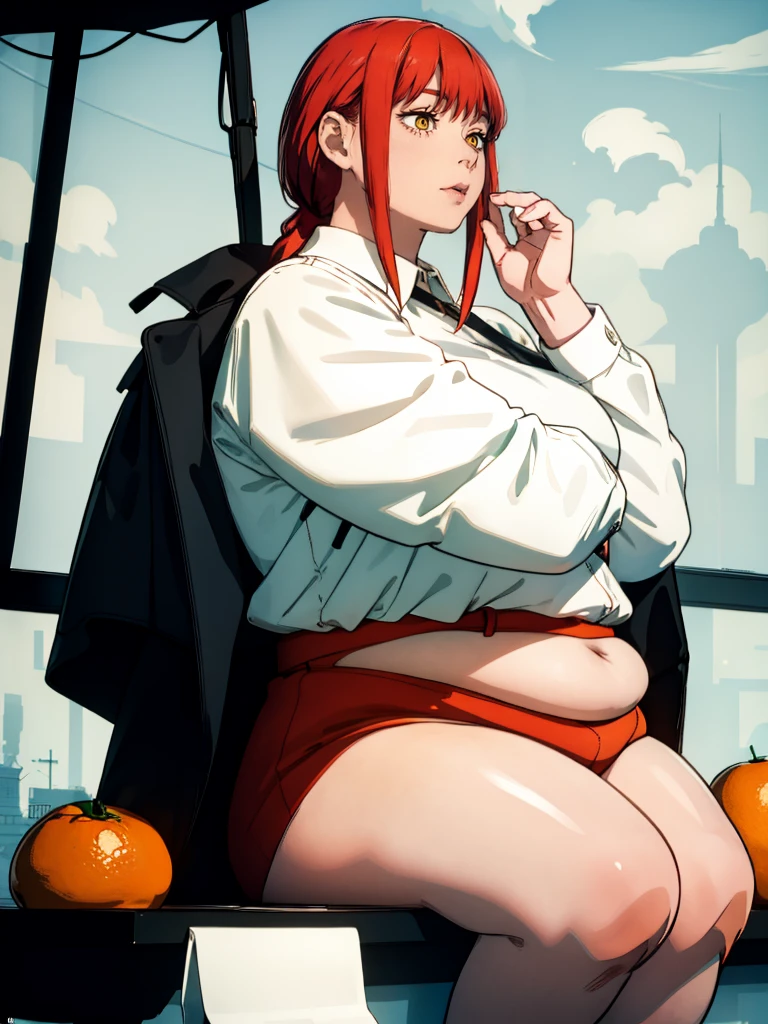 Le personnage Makima de la série animée Chainsaw Man, fragile, obésité morbide, ssbbw, pleine longueur (corps entier 1.1.), fond sombre, obscurité, anatomie correcte 1.1, anatomie correcte de la main, Très féminin, corps gras et rond, grosses Jambes, fesses, beau corps obèse, ventre rond et mou très gras, cheveux roux, Yeux oranges, Cercles rouges pour les écoliers, chemise blanche, jupe noire, cravate noire, pose sexy, réaliste, very détaillé, beau corps, détaillé body, détaillé hands, détaillé, vibrant, détaillé Face, Conception des personnages de Makima. very détaillé, détaillé body, détaillé hands, détaillé Face, Art animé, Hugh Détails, Visage très abattu, détaillé eyes, Illustration ultra fine, Meilleure ombre, détail fin, beautiful détaillé glow, beautiful détaillé, Extraordinairement beau, extremely détaillé, inexpressif, composition épique, Style animé. art animé, Style animé. Jupe noire, chemise blanche, cravatte, pose sexy, grosses joues, gris cou, visage gras et gros