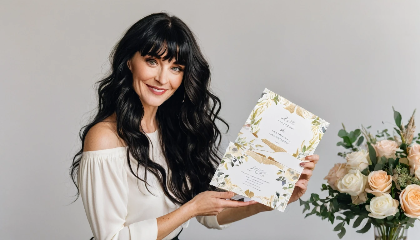A white woman with long, black, wavy hair and short bangs. She creates custom invitations and stationery for weddings. She offers this service to couples who want a personalized wedding. She is holding and showing different models of invitations, envelopes and wedding related things.