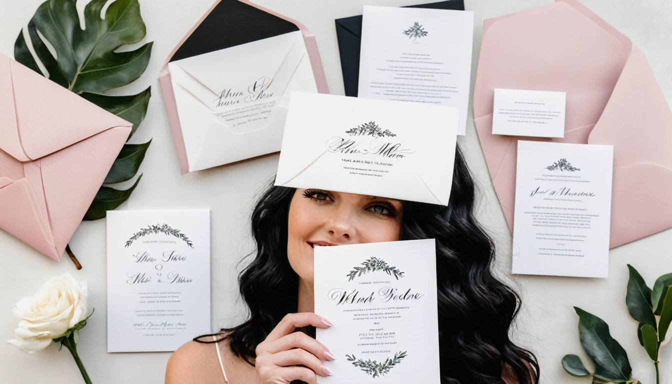 A white woman with long, black, wavy hair and short bangs. She creates custom invitations and stationery for weddings. She offers this service to couples who want a personalized wedding. She is holding and showing different models of invitations, envelopes and wedding related things.