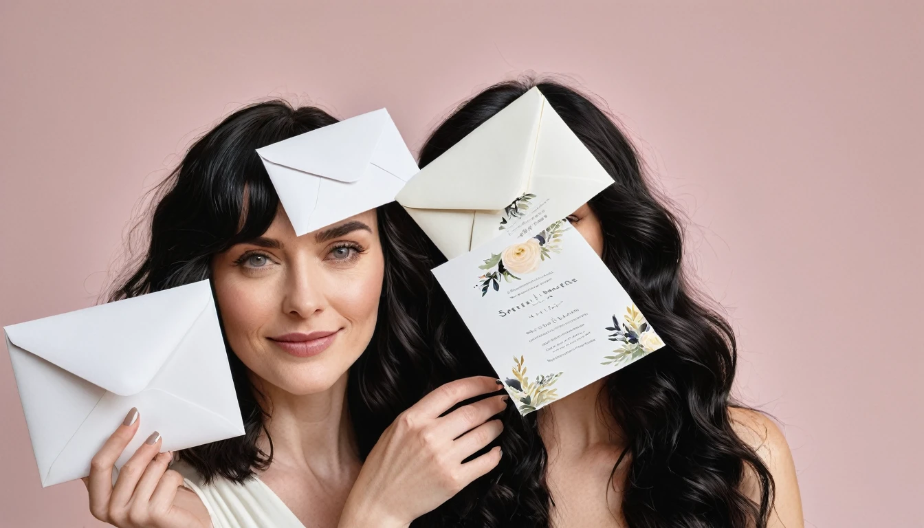 A white woman with long, black, wavy hair and short bangs. She creates custom invitations and stationery for weddings. She offers this service to couples who want a personalized wedding. She is holding and showing different models of invitations, envelopes and wedding related things.