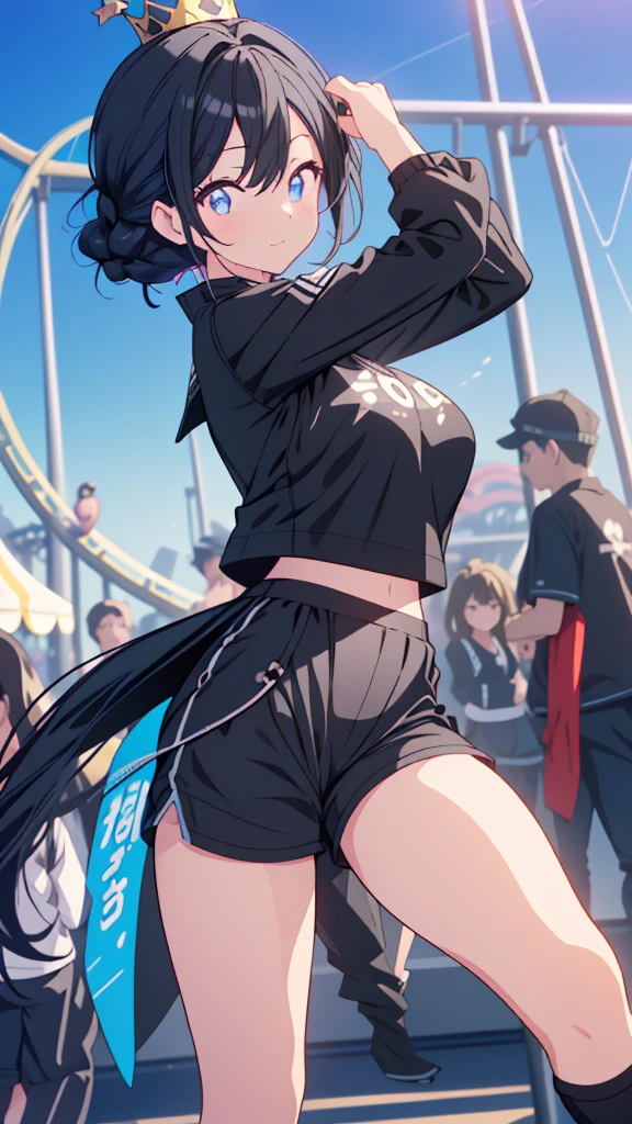 best quality, extremely detailed, anime style adult 1girl, long hair down to the waist, straight hair, ((dark black hair with bluish)),crown braid,beautiful detailed eyes, pinched eyes, dark blue eyes, huge breasts,curvy,(((Active clothing))),((((short trousers)))),Clothes with a lot of cloth area,light smile,((amusement park)),animation cap,animated gif