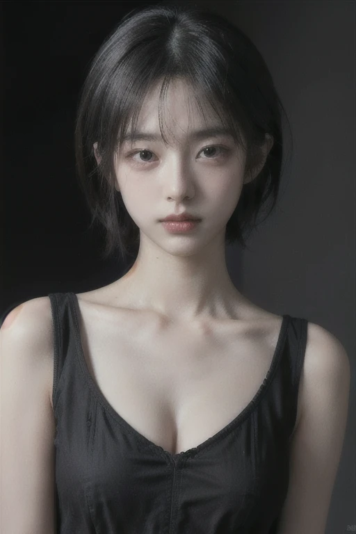 Cold girl,1girl,solo,realistic,black hair,short hair,looking at viewer,arms at sides,brown eyes,OceanHeart,upper body,collarbone,grey background,bare shoulders,simple background,small breasts,(closed mouth:1.3),breast slip,, best quality , masterpiece, illustration, an extremely delicate and beautiful, extremely detailed ,CG,unity,8k wallpaper, Amazing, finely detail, masterpiece, best quality,official art,extremely detailed CG unity 8k wallpaper,absurdres, incredibly absurdres, huge filesize , ultra-detailed, highres, extremely detailed,beautiful detailed girl, extremely detailed eyes and face, beautiful detailed eyes,light on face,