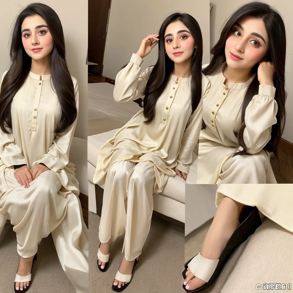 a panoramic 28 years old girl, Pakistani girl, with round face, with golden black color silky hairs, pearl white skin color, weight 5p kilogram, with black and little brown big eyes, beautiful nose, with beautiful mouth, with black eyebrows, with 5.2 feets of height, in casual shalwar kameez dress of pakistan
