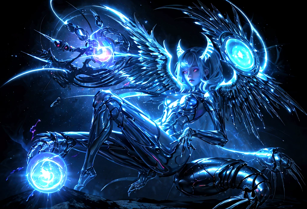 cosmic fallen angel, glowing light eyes, Biomechanicals, weirdcore, frightful, nightmarish, very bright colors, light particles, with bright light, Mshiff, Wallpaper Art, UHD Wallpaper