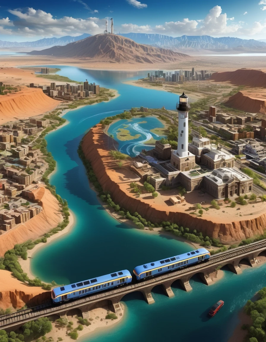 In a very modern realistic style, a schematic aerial view image of a train crossing a city, a desert, a valley., a jungle, a jungle , on a lake, the final destination being a lighthouse in the sea