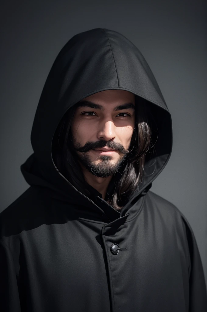 Man, without beard or mustache, in a black coat with a hood, the hood of the coat creates a shadow that goes up to the eyes, leaving the eyes barely visible, the mouth is closed but with a smiling expression, it looks scary, he is staring forward.