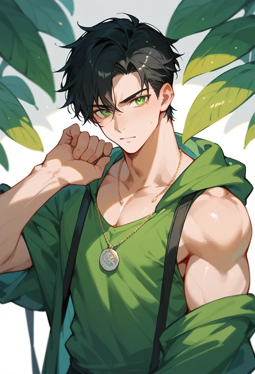 A handsome anime boy with a look of desire and possessiveness ((black hair)) ((green eyes)) ((Possessive))