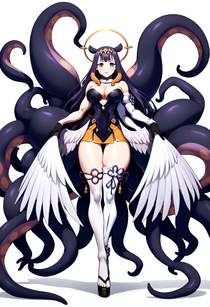 inapriestess, strapless dress, single thighhigh, single detached sleeve, black gloves, low wings, halo, detailed octopus tentacles, mole under eye, extreme muscular body, big breasts, 4 arms, full body.