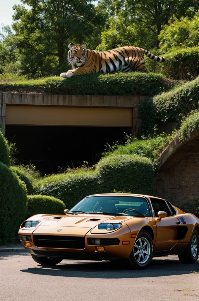 Tiger face with half car